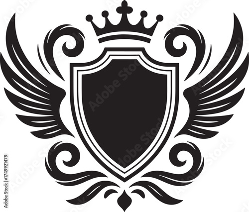 Black heraldic shield with crown and wings on white background crest emblem