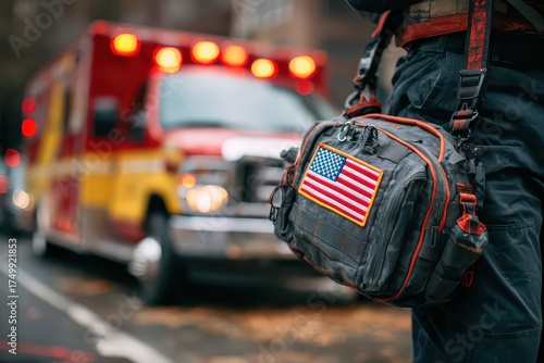 Professions representing commitment and service in the USA, showcasing varied roles with the flag and medical equipment for community support and safety