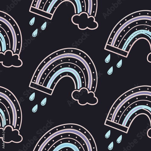High quality photo of a whimsical rainbow pattern with clouds and raindrops vector