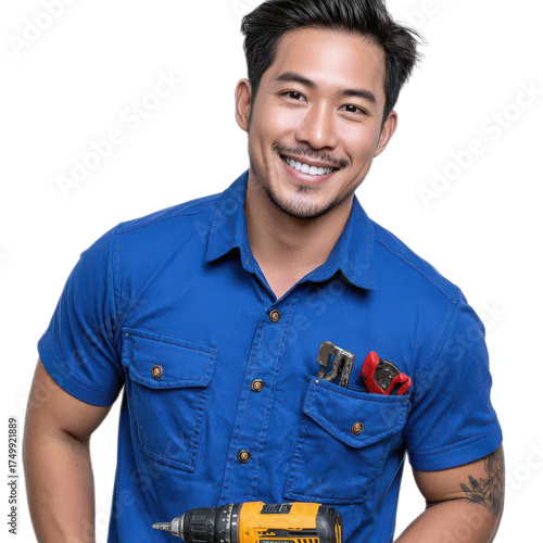 Confident male construction worker smiling while holding a drill, wearing a blue shirt, ready for home improvement tasks and repairs