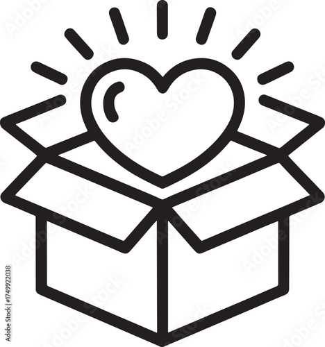 Black outline icon of an open box with a glowing heart symbol on a white background gift present