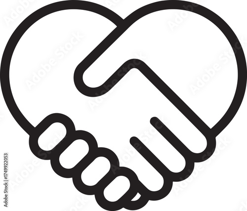 Black outline icon of two hands shaking forming a heart shape handshake love