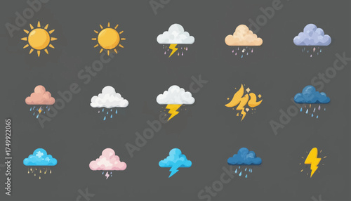 Weather icon set with sun clouds and rain flat vector design for weather forecast apps and meteorological presentations isolated on gray background