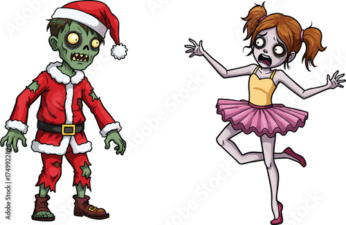 Zombie Santa, cartoon horror, creepy Christmas, frightened ballerina, festive contrast, spooky holiday, scary costume, surreal scene, dark humor, escape moment