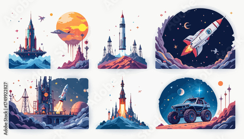Set of space exploration illustrations featuring rockets planets and futuristic vehicles for science and technology themed designs