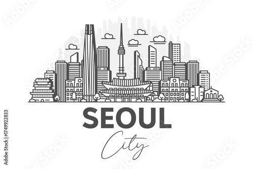 Seoul, South Korea architecture line skyline illustration with shadows. Linear vector cityscape with famous landmarks, city sights, design icons.