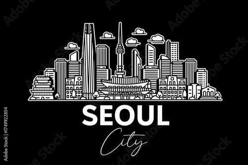 Seoul, South Korea architecture line skyline illustration with shadows. Linear vector cityscape with famous landmarks, city sights, design icons.