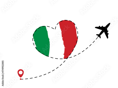 Plane line path in heart form with Italian flag. Romantic and love travel concept. Ilove Italy