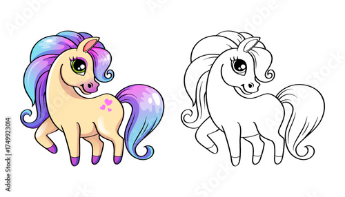 Cute little pony with blue and pink hair. Black and white vector illustration for coloring book with example in color
