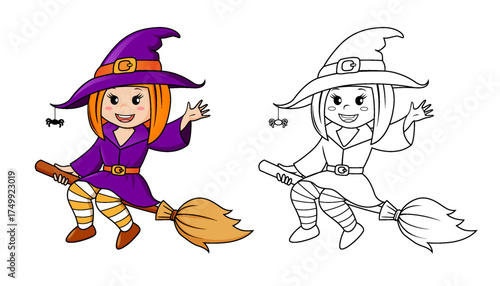 Cute Halloween witch flying on broom on moon background. Black and white vector illustration for coloring book with example in color
