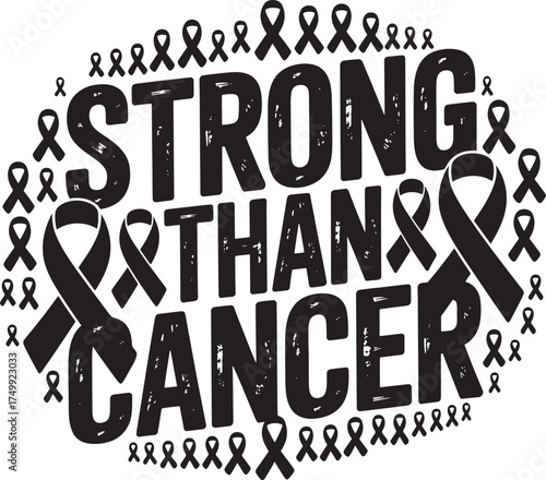 Black text Stronger Than Cancer surrounded by black awareness ribbons vector illustration