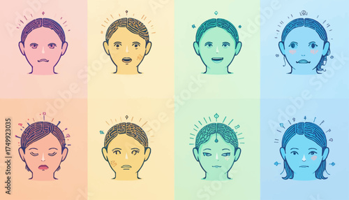 Set of diverse woman face icons showing different emotions vector illustration in a minimalist style suitable for user interface and profile avatars