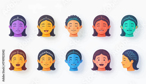 Set of diverse cartoon faces flat vector illustration of various human emotions isolated on white background for app design