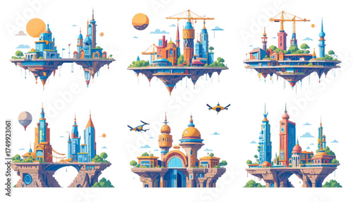Set of fantasy floating island cities colorful vector illustrations of futuristic urban landscapes isolated on white background