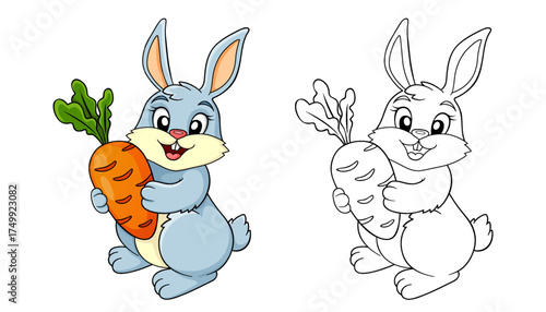 Cute Bunny with carrot. Black and white vector illustration for coloring book with example in color