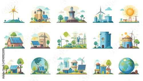 Set of renewable energy illustrations featuring wind turbines solar panels and eco-friendly buildings vector design for sustainable living and environmental aware