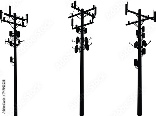 Silhouette of utility poles with antennas, satellite dishes, telecommunications equipment, cellular communication infrastructure, broadcasting technology, urban landscape, high voltage power grid