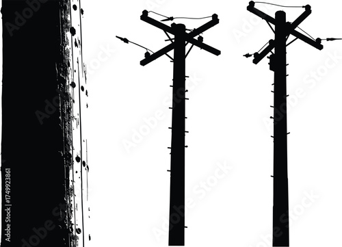 Silhouette of utility poles with crossarms, insulators, close‑up detailed pole, electricity distribution, urban infrastructure, industrial landscape, high voltage grid