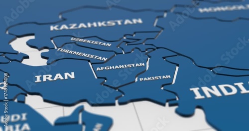 close-up 3d map of central and south asia countries 4k animation