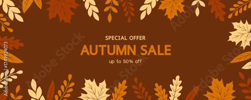 Autumn sale banner with frame of autumn leaves and text in the center on brown background, flat vector illustration