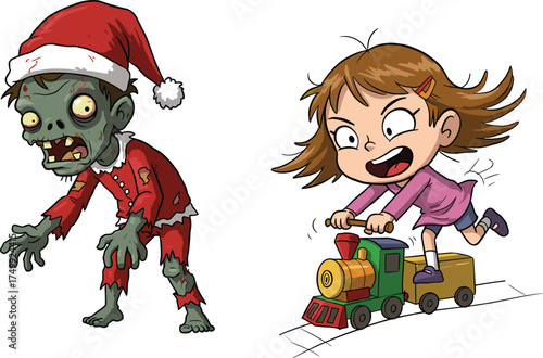 Zombie Santa, scary Christmas, cartoon horror, toy train, brave girl, festive chaos, holiday clash, funny scene, child vs monster, surreal moment