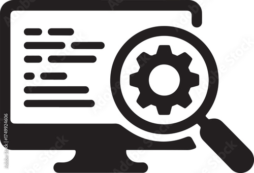 Computer screen with magnifying glass over gear and code lines monitor search