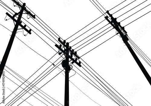 Silhouette of utility poles with crossarms, insulators, intersecting angled power lines, electricity distribution, urban infrastructure, industrial landscape, high voltage grid