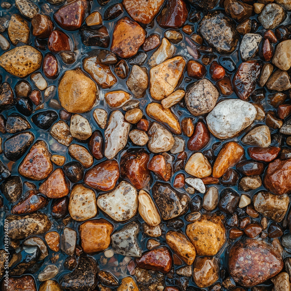 Fototapeta premium A close-up, high-angle view of a collection of smooth, wet, colorful pebbles and stones, glistening under natural light, showcasing natural textures and earthy tones