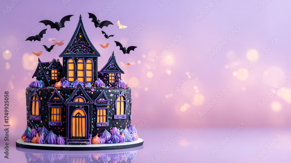 Naklejka premium Chocolate Halloween castle cake surrounded with bats.