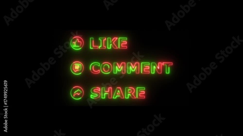 Animated social media icons like comment share  neon glow on black background, neon like comment share animation, animated subscribe like comment share buttons, 4k video