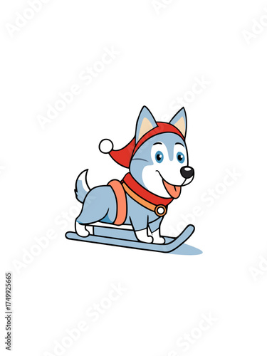 Adorable husky dog sledding on snow christmas vector illustration fun winter pet