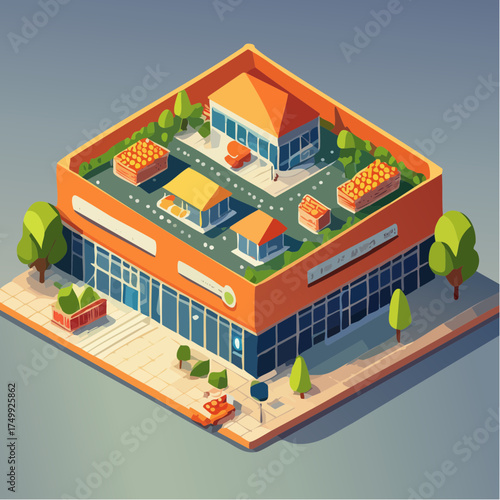 Modern Isometric Shopping Mall Rooftop Garden and Retail Stores Urban Cityscape Design