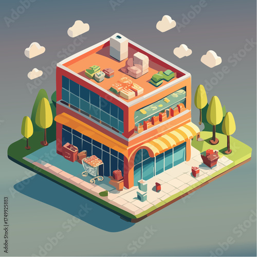 Isometric 3D Rendering of a Charming Modern Storefront with Goods and Shopping Cart Perfect for Retail and Small Business Concepts