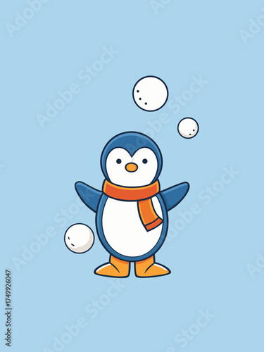 Adorable penguin character juggling snowballs cute winter vector illustration