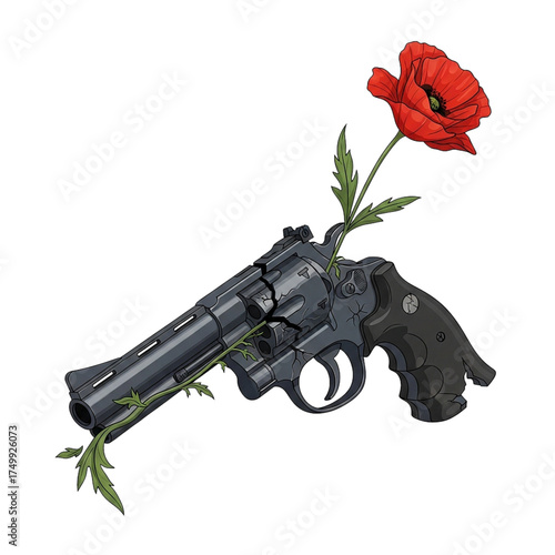 Broken Revolver with Flower Growing from the Muzzle Symbolizing Peace, Hope, and the End of Violence Isolated on White Background