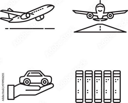 Four black and white icons representing travel and transportation airplane plane