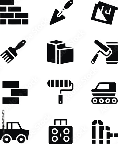 construction, tools, diy, building, brick, trowel, paint brush, paint roller, roller, bricklayer, equipment, machinery, vehicle, car, pipe, plumbing, stereo, speaker, icon, set, collection, graphic, d