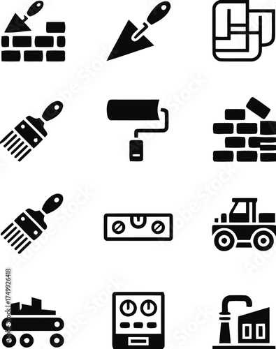construction, renovation, tools, equipment, icons, building, bricklaying, trowel, paint roller, brush, level, bulldozer, factory, industry, repair, diy, home improvement, architecture, blueprint, desi