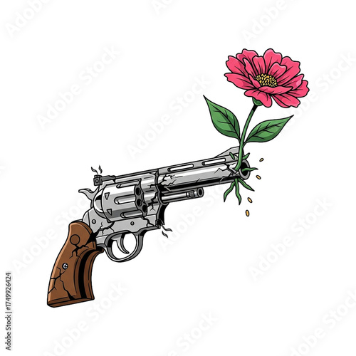Broken Revolver with Flower Growing from the Muzzle Symbolizing Peace, Hope, and the End of Violence Isolated on White Background