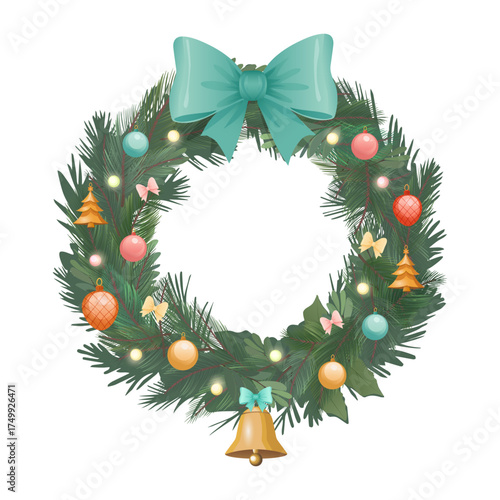 Christmas wreath with blue bow, glowing  lights, golden bell and Christmas tree toys . Vector illustranion on white background. For greeting cards, web banners, invitations, cozy holiday designs.