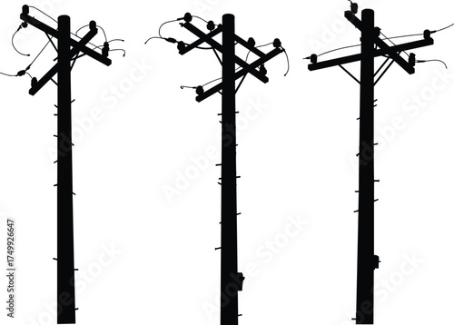 Silhouette of utility poles with crossarms, insulators, power lines, varied wiring configurations, electricity   