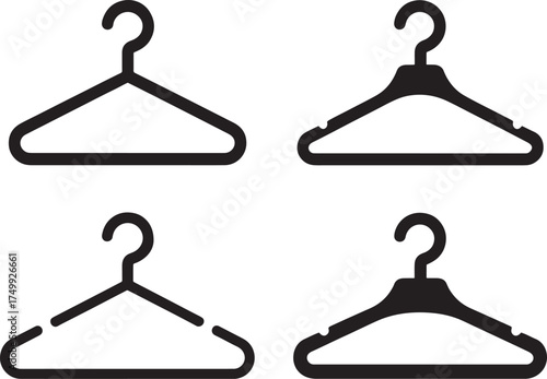 Four Black Outline and Silhouette Clothes Hangers on White Background garment hanger closet