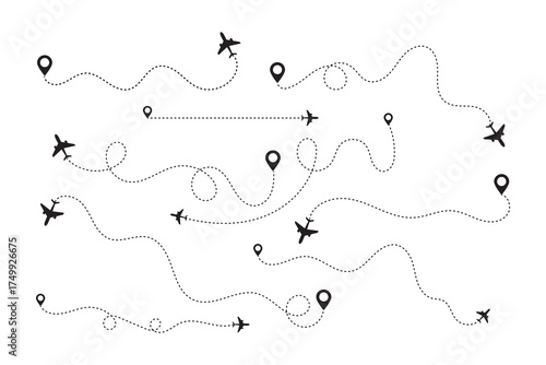 Airplane Route Path with Dotted Line and Pin Location. Airplane dotted route line set. Dashed Line Flight Path with Global Map Elements. Flight Route Vector. Plane Path with GPS Tracking and Location.