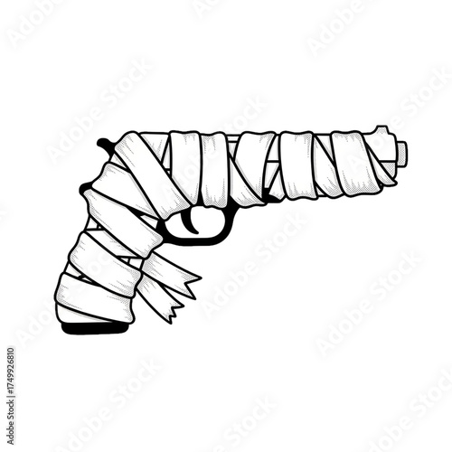 Gun Wrapped in White Bandage Symbolizing Healing, Recovery, and the End of Violence Isolated on White Background