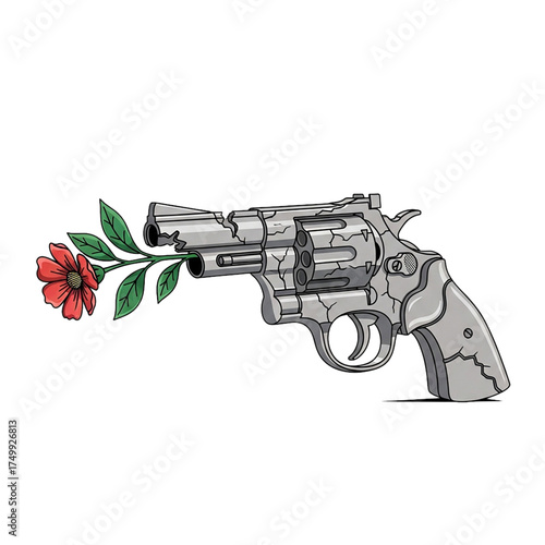 Broken Revolver with Flower Growing from the Muzzle Symbolizing Peace, Hope, and the End of Violence Isolated on White Background
