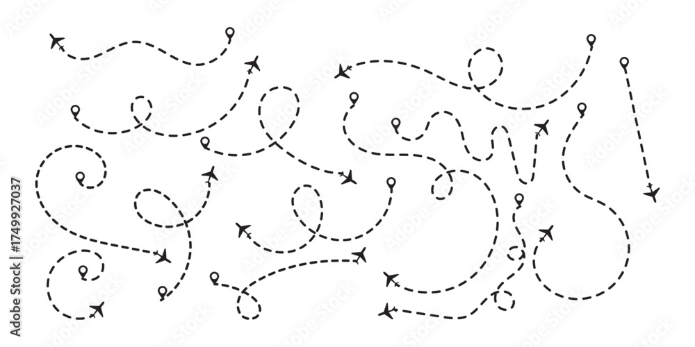 Fototapeta premium Airplane routes set. Airplane Route Path with Dotted Line and Pin Location. Jet Flight Path Map. Airplane Route with Navigation Line and Destination Marker. Vector Illustration. eps10