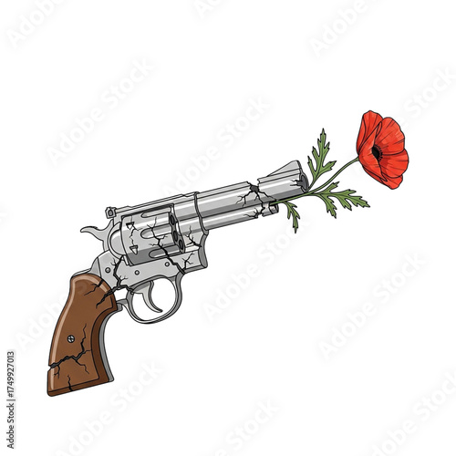 Broken Revolver with Flower Growing from the Muzzle Symbolizing Peace, Hope, and the End of Violence Isolated on White Background