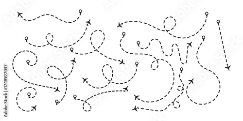 Airplane routes set. Airplane Route Path with Dotted Line and Pin Location. Jet Flight Path Map. Airplane Route with Navigation Line and Destination Marker. Vector Illustration. eps10