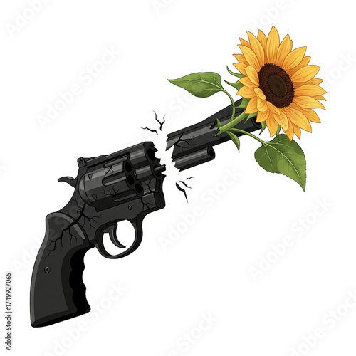 Broken Revolver with Flower Growing from the Muzzle Symbolizing Peace, Hope, and the End of Violence Isolated on White Background