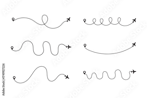 Airplane routes set. Plane route line. Planes dotted flight pathway. Aircraft tracking, planes, travel, map pins, location pins.